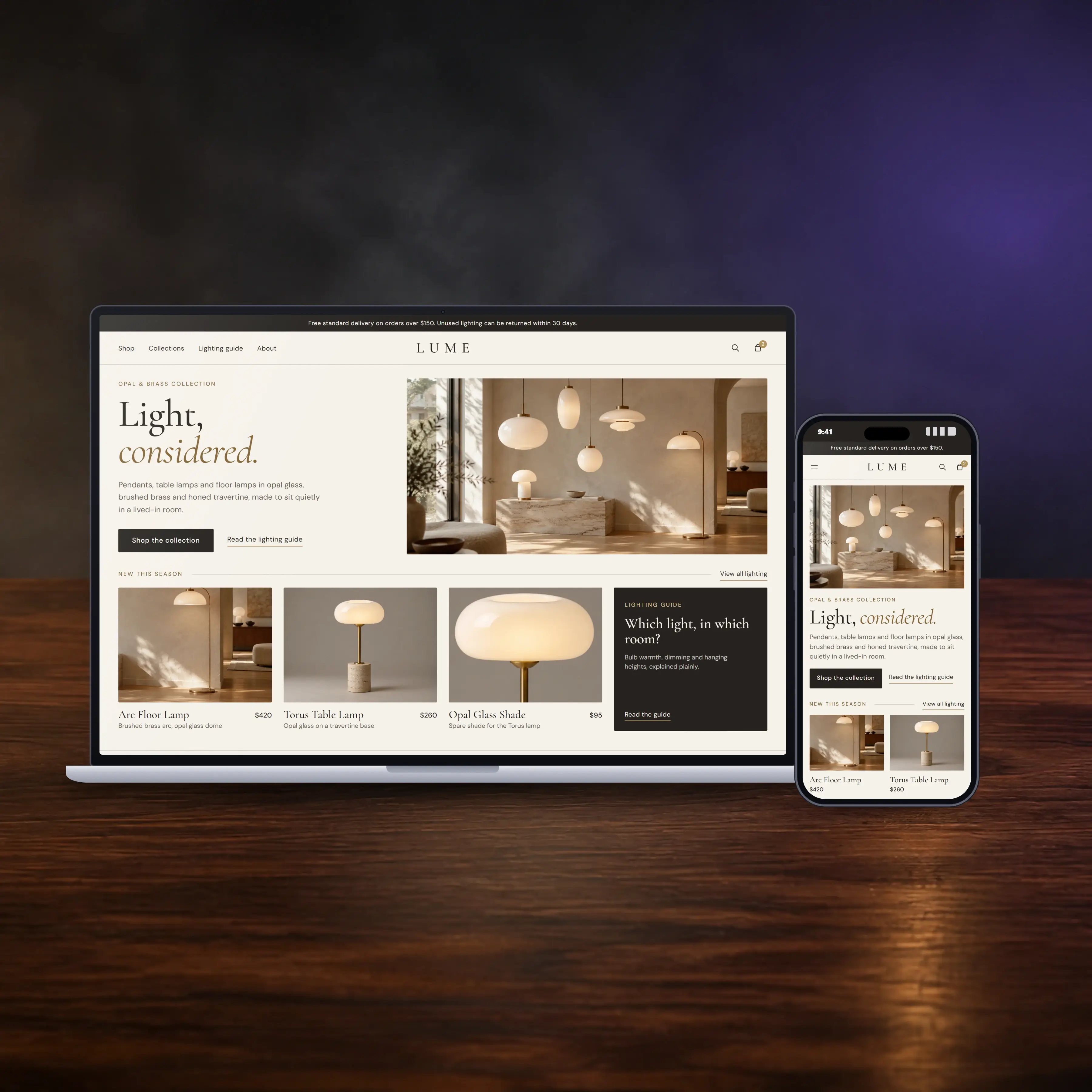 A laptop and smartphone showing a concept lighting storefront for the fictional brand Lume, on a dark walnut desk with soft violet light.